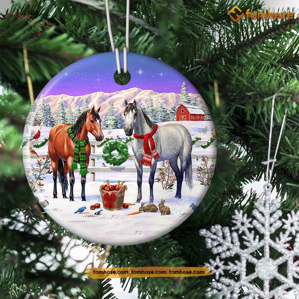 Christmas Horse Ornament, Horses On The Farm ELF Gift For Horse Lovers, Circle Ceramic Ornament