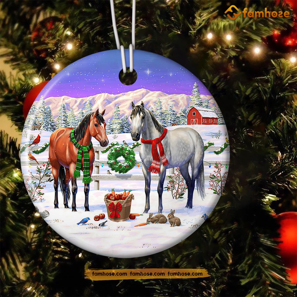 Christmas Horse Ornament, Horses On The Farm ELF Gift For Horse Lovers, Circle Ceramic Ornament