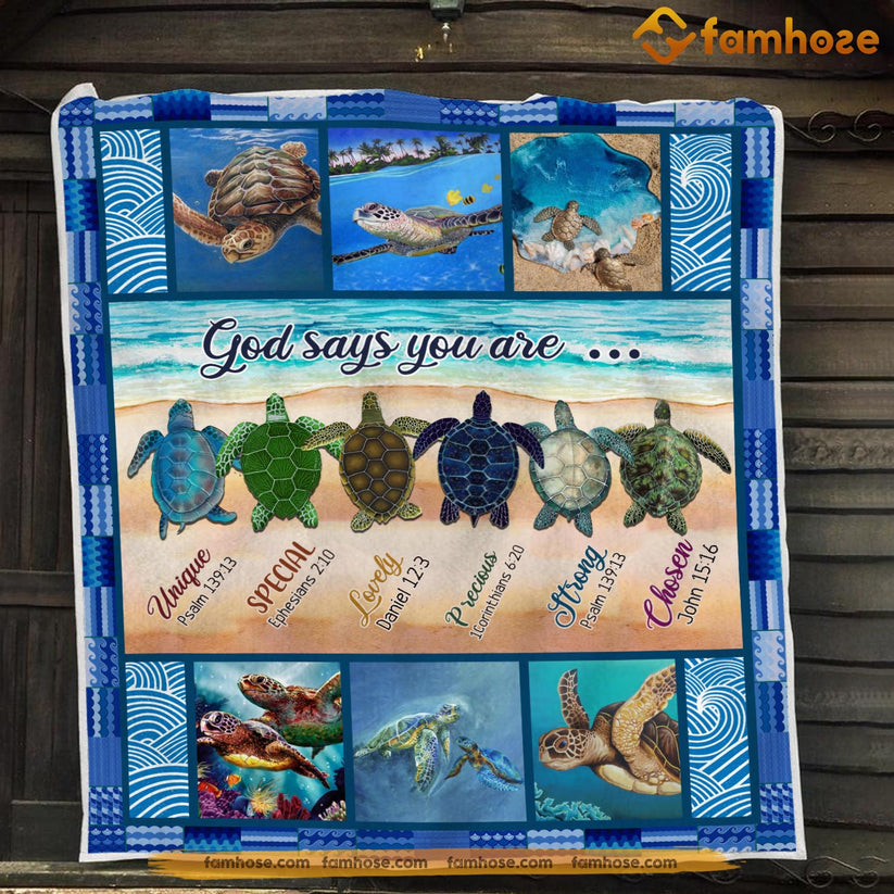 Turtle Blanket, God Says You Are Unique Special Lovely Strong Fleece B