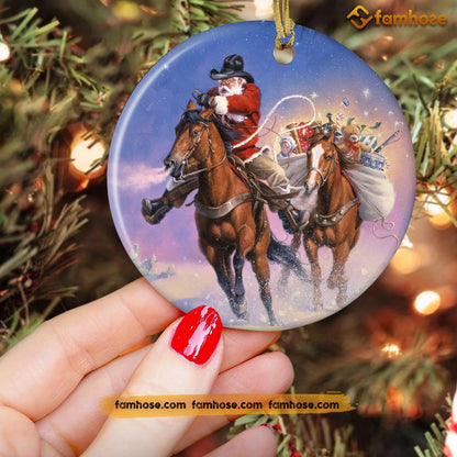 Christmas Horse Ornament, Santa Claus Riding Horse Bring Gifts For Kids Gift For Horse Lovers, Circle Ceramic Ornament