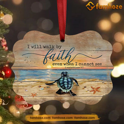 Christmas Turtle Ornament, I Will Walk By Faith Even When I Can't See Gift For Turtle Lovers, Medallion Aluminum Ornament