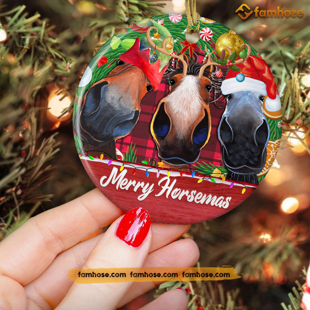 Cute Christmas Horse Ornament, Merry Horsemas Santa Hat Reindeer Christmas Gift For Horse Lovers, Circle Ceramic Ornament