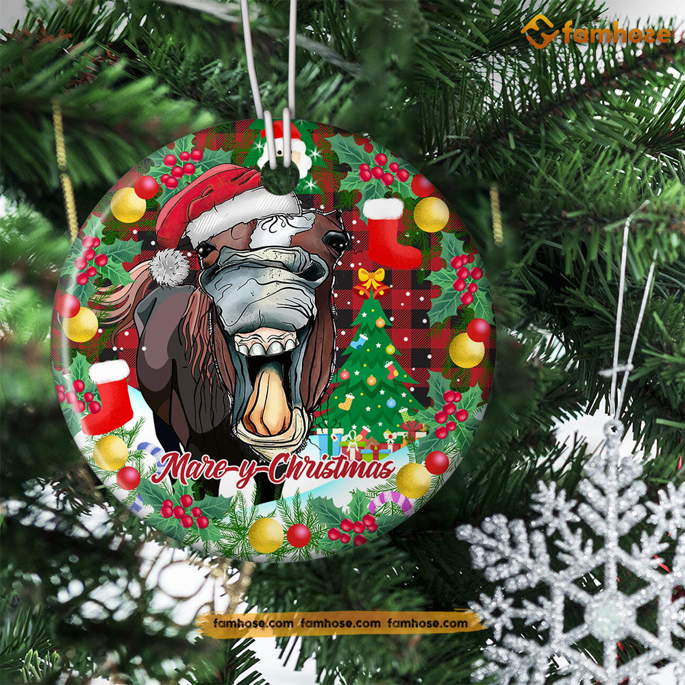 Christmas Funny Christmas Horse Ornament, Marey Christmas Gift For Horse Lovers, Circle Ceramic Ornament