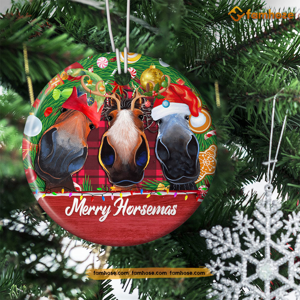 Cute Christmas Horse Ornament, Merry Horsemas Santa Hat Reindeer Christmas Gift For Horse Lovers, Circle Ceramic Ornament