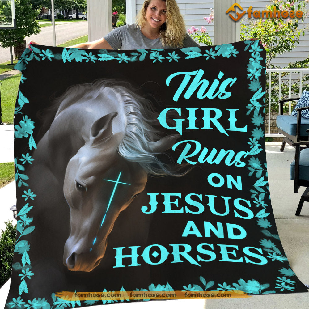 Horse Blanket, This Girl Runs On Jesus And Horses Fleece Blanket - Sherpa Blanket Gift For Horse Lovers