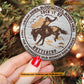 Christmas Bull Riding Ornament, Sweat Dries Bones Heals Only The Strongest Old Woman Ride Horses Gift For Horse Lovers, Circle Ceramic Ornament