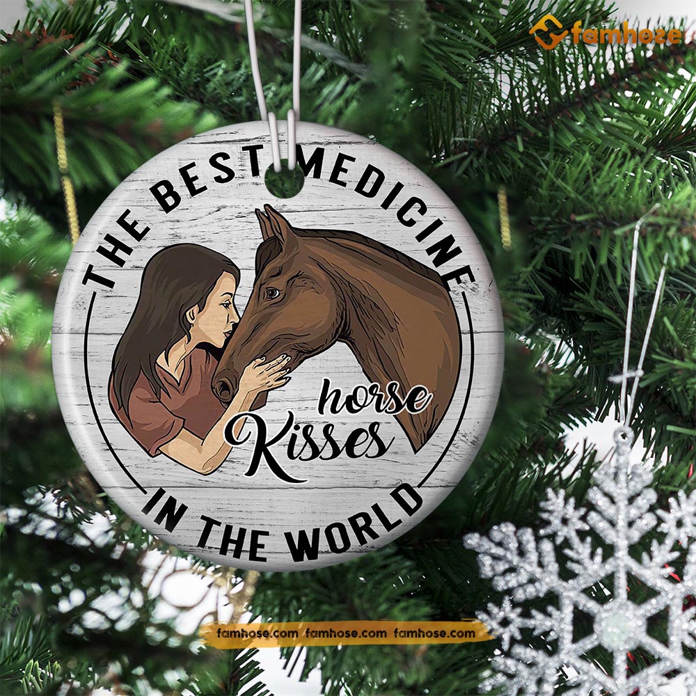 Christmas Horse Ornament, The Best Medicine In The World Gift For Horse Lovers, Circle Ceramic Ornament