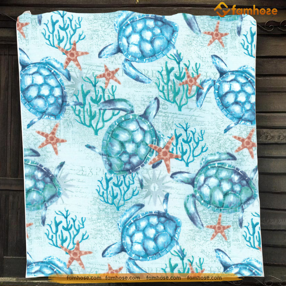 Turtle Blanket, Turtle In The Sea With Coral Fleece Blanket - Sherpa Blanket Gift For Turtle Lovers, Turtle Owners