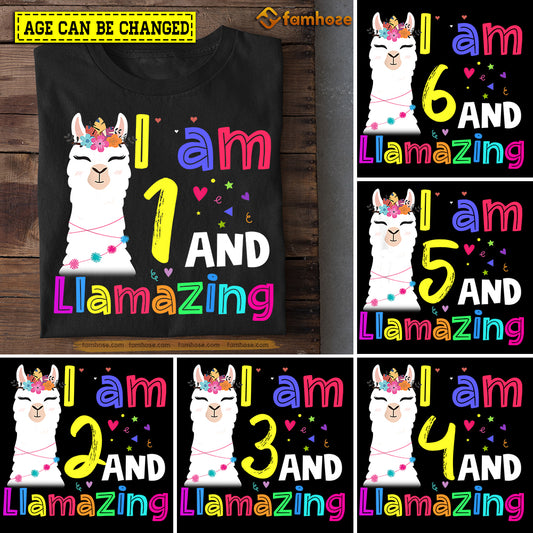 Cute Llama Birthday T-shirt, I Am And Llamazing Birthday Tees Gift For Kids Boys Girls Llama Lovers, Age Can Be Changed