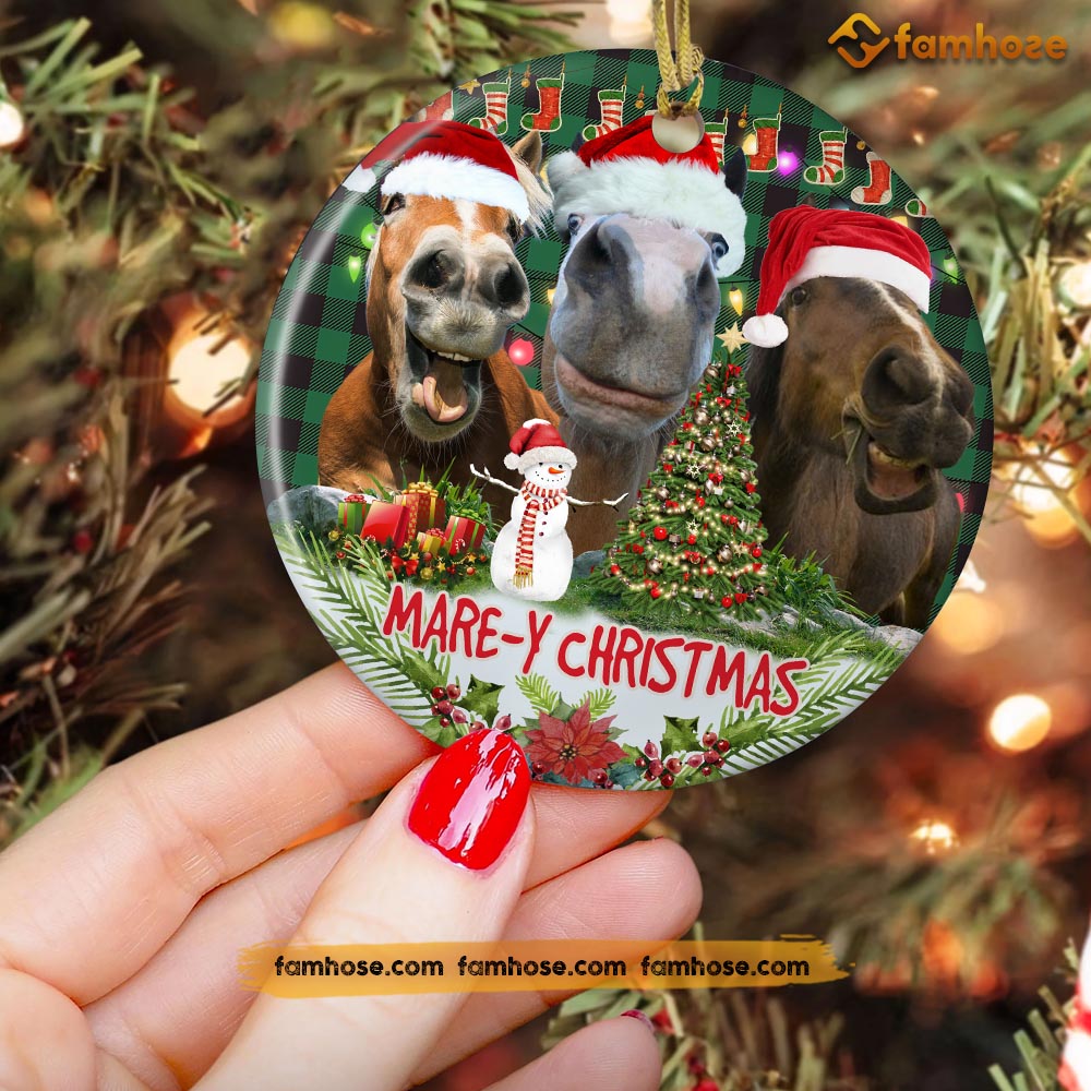 Funny Christmas Horse Ornament, Marey Christmas Santa Hats Gift For Horse Lovers, Circle Ceramic Ornament