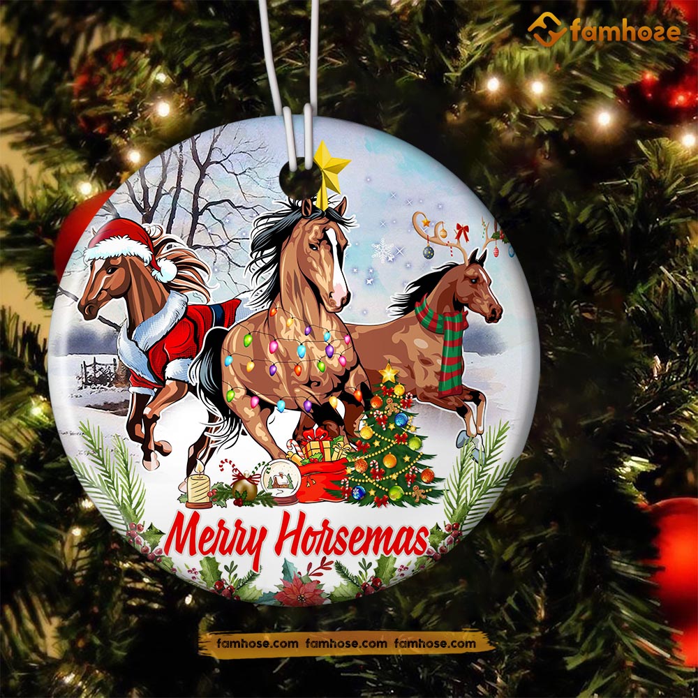 Christmas Horse Ornament, Merry Horsemas ELF Santa Hats Reindeer Gift For Horse Lovers, Circle Ceramic Ornament