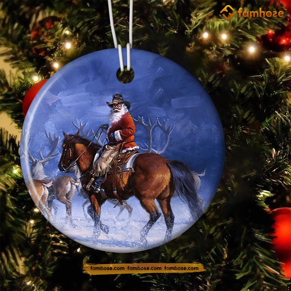 Christmas Horse Ornament, Santa Claus Riding Horse Between Reindeer Gift For Horse Lovers, Circle Ceramic Ornament