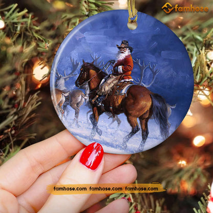 Christmas Horse Ornament, Santa Claus Riding Horse Between Reindeer Gift For Horse Lovers, Circle Ceramic Ornament