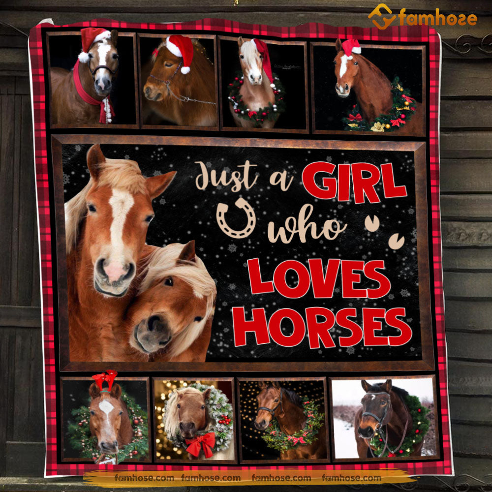Christmas Horse Blanket, Just A Girl Who Loves Horse Circle Flower Fleece Blanket - Sherpa Blanket Gift For Horse Lover