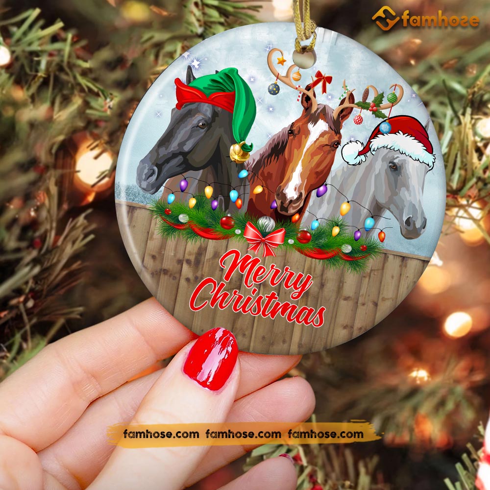 Christmas Horse Ornament, Merry Christmas ELF Santa Hat Reindeer Gift For Horse Lovers, Circle Ceramic Ornament