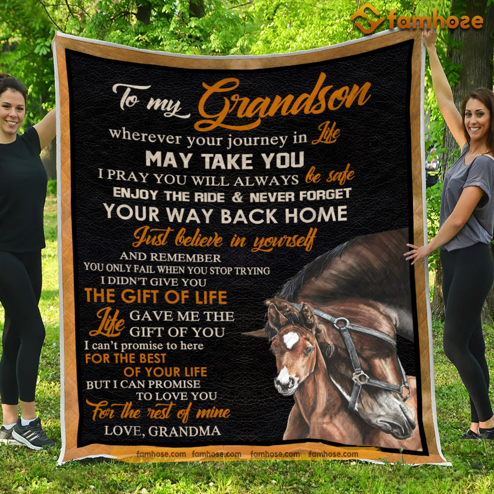 Horse Blanket, To My Grandson Never ForgetYour Way Back Home Fleece Blanket - Sherpa Blanket Gift For Horse Lover