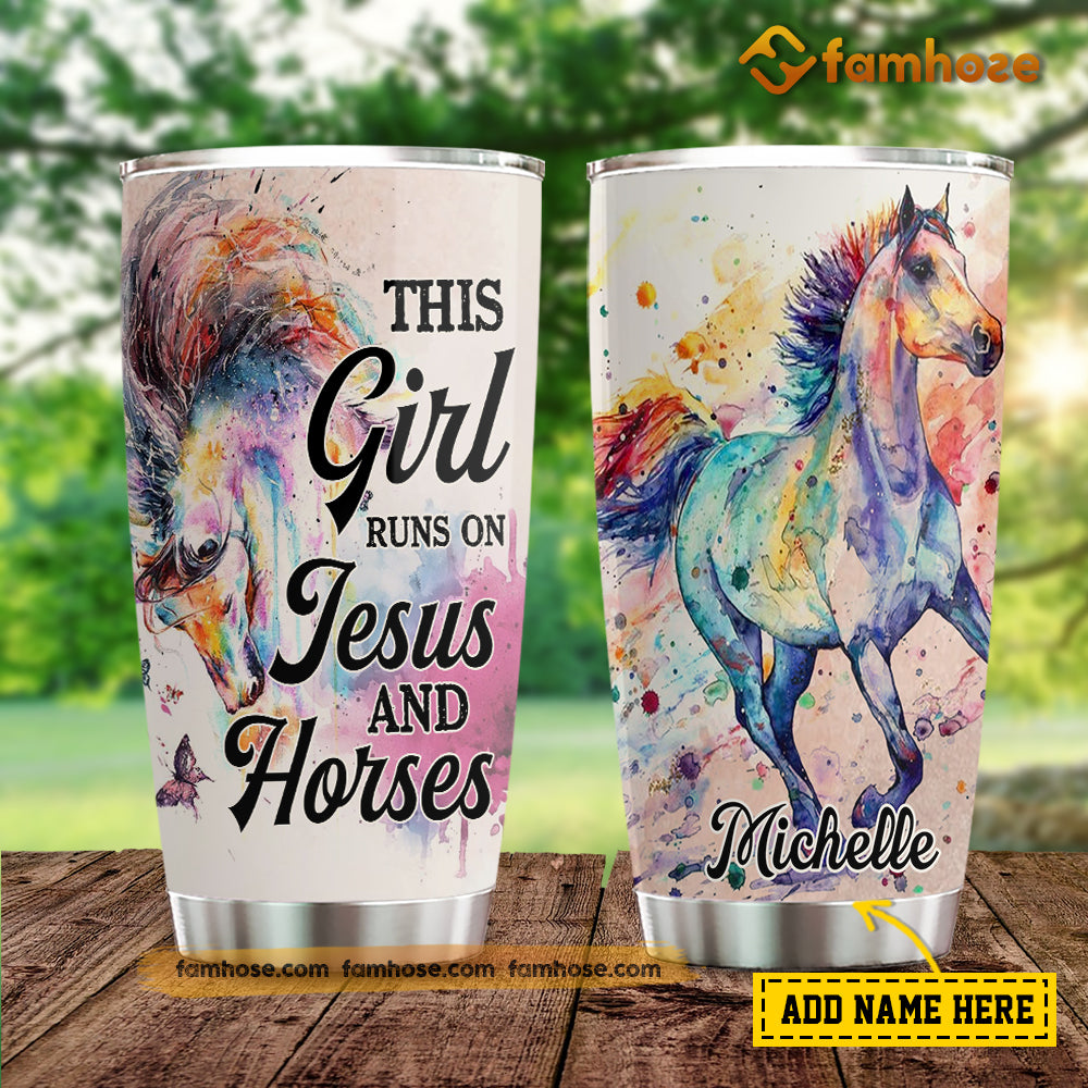 Personalized Horse Tumbler, This Girl Runs On Jesus And Horses Stainless Steel Tumbler, Tumbler Gifts For Horse Lovers