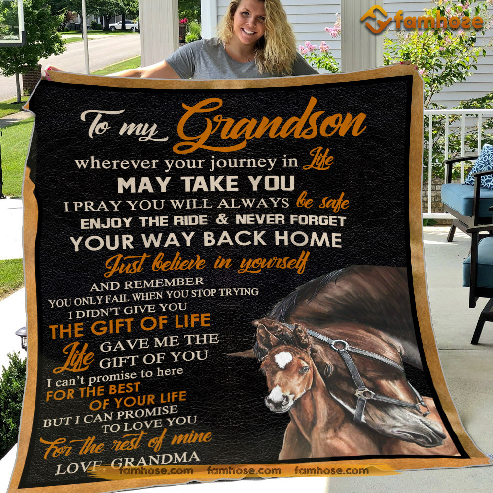 Horse Blanket, To My Grandson Never ForgetYour Way Back Home Fleece Blanket - Sherpa Blanket Gift For Horse Lover