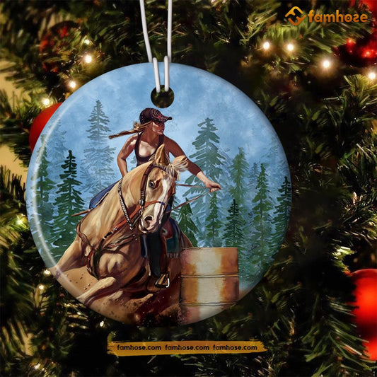 Christmas Barrel Racing Ornament, Strong Girl Ride Barrel Gift For Barrel Racing Lovers, Circle Ceramic Ornament
