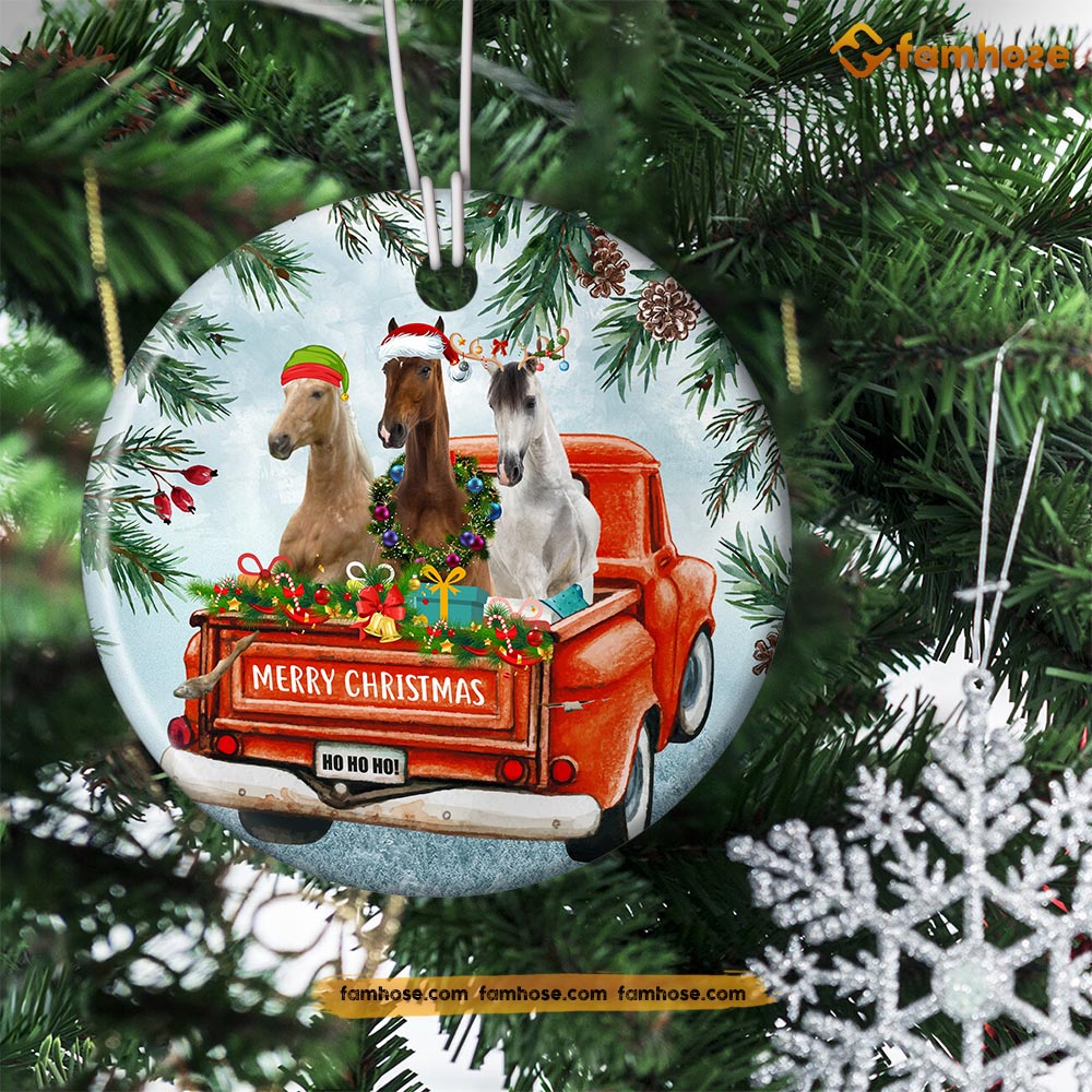 Christmas Horse Ornament, Cute Horse Together On Tractor Horse Lovers, Circle Ceramic Ornament