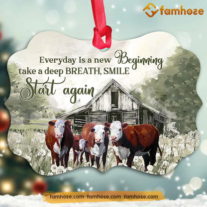 Christmas Cow Ornament, Everyday Is A New Beginning Take A Deep Breath Smile And Start Again Gift For Cow Lovers, Medallion Aluminum Ornament