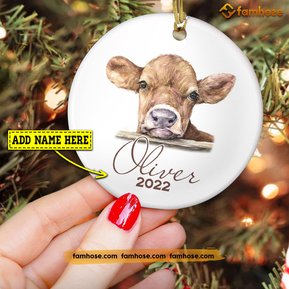 Christmas Cow Ornament, Cute Cow Alone Gift For Cow Lovers, Personalized Custom Circle Ceramic Ornament