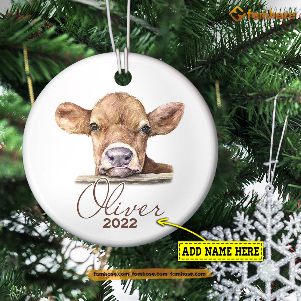 Christmas Cow Ornament, Cute Cow Alone Gift For Cow Lovers, Personalized Custom Circle Ceramic Ornament