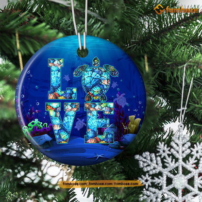 Cute Christmas Turtle Ornament, Love Sea Turtle Gift For Turtle Lovers, Circle Ceramic Ornament