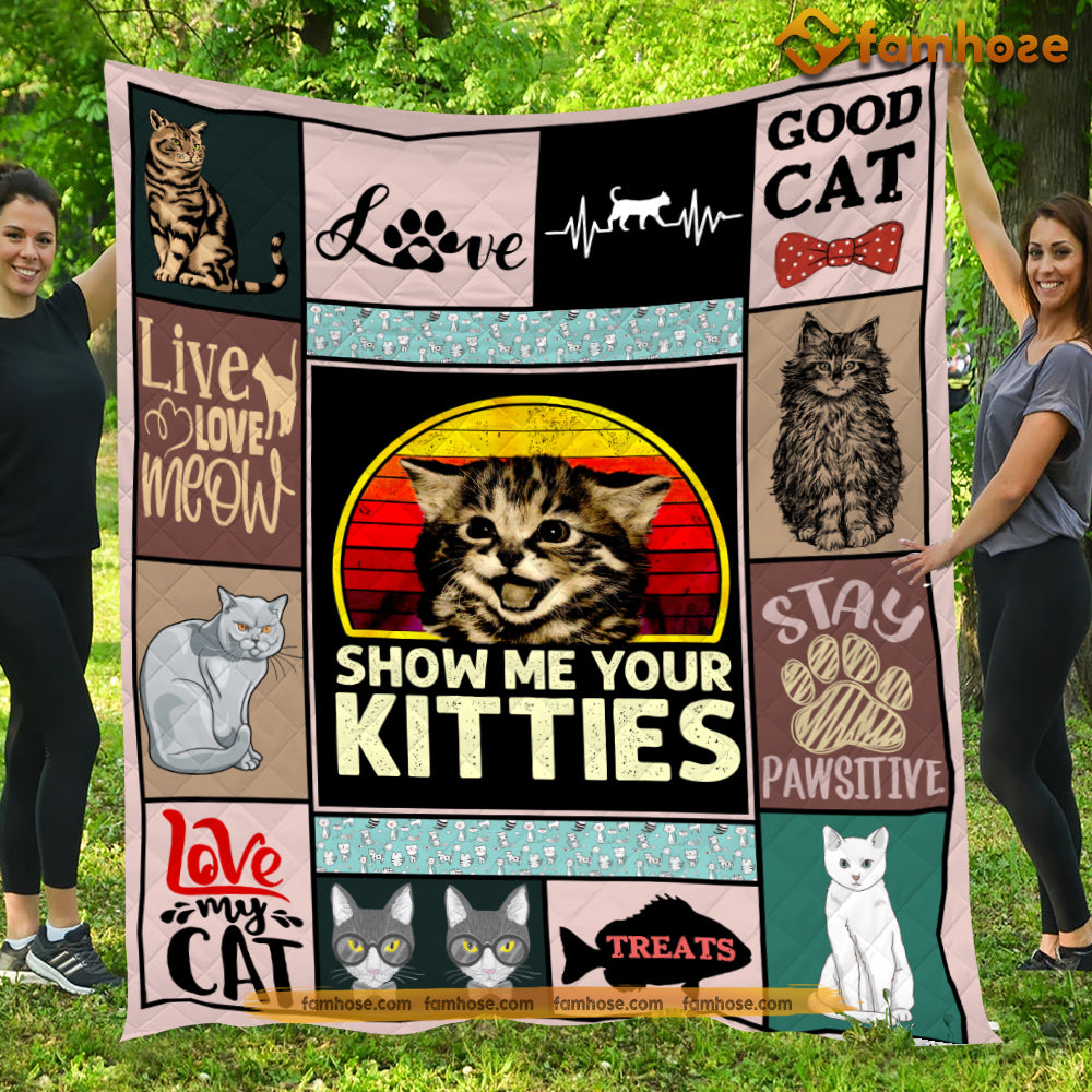 Vintage Cat Blanket, Show Me Your Kitties Fleece Blanket - Sherpa Blanket Gift For Cat Lover, Cat Owners