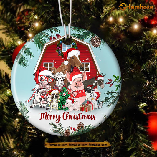 Cute Christmas Farm Ornament, Horse Cow Pig Sheep Donkey On The Farm Gift For Farmers, Circle Ceramic Ornament