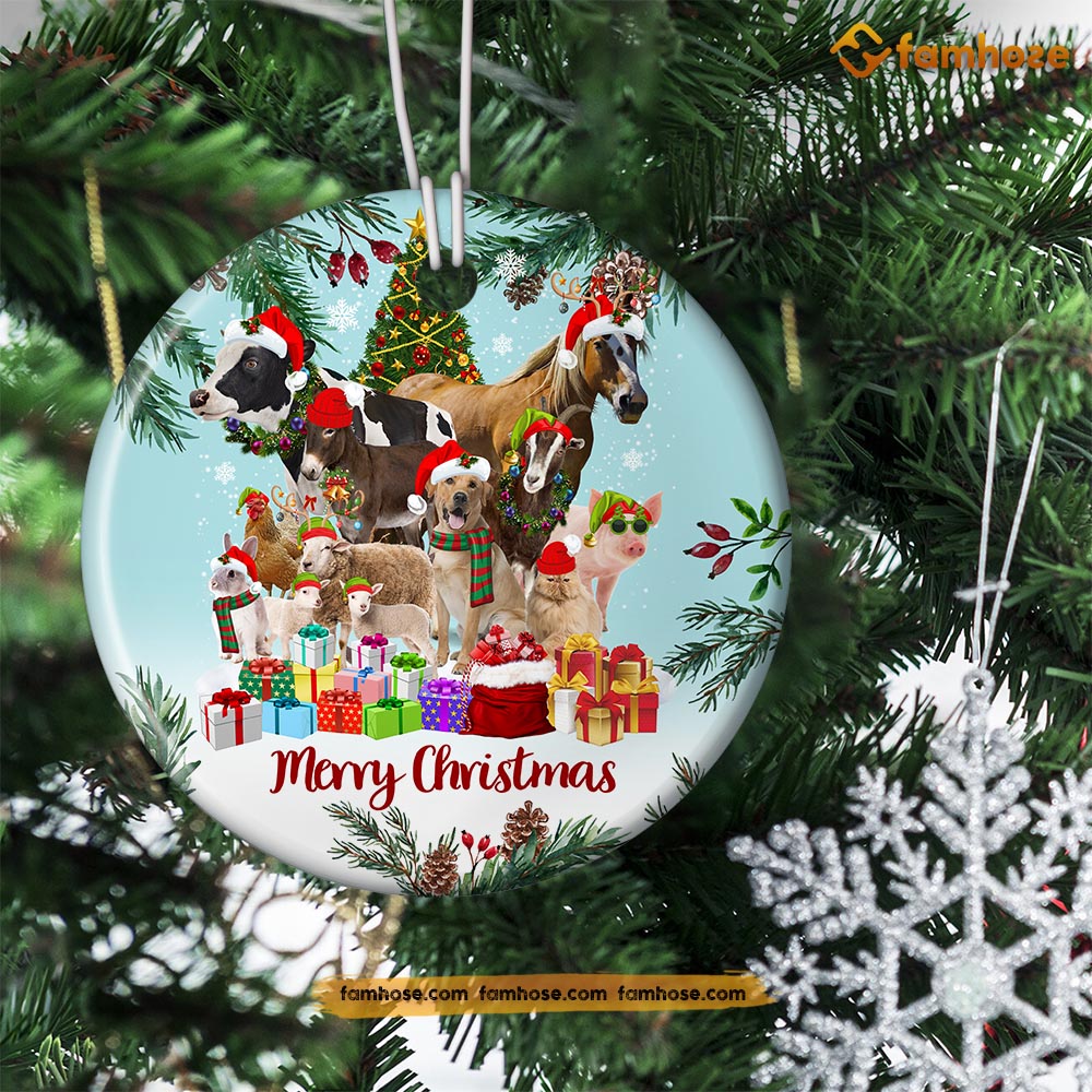 Christmas Farm Ornament, Farm Animals Merry Christmas Gift For Farmers, Circle Ceramic Ornament