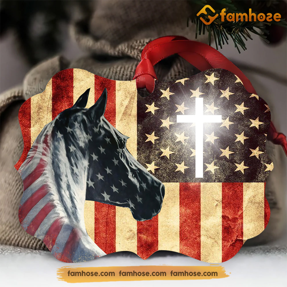 Christmas Horse Ornament, Horse With Jesus USA Flag Gift For Horse Lovers, Medallion Aluminum Ornament