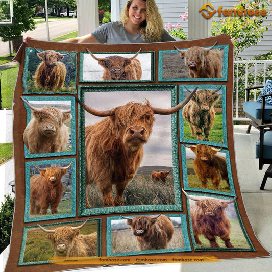 Cow Blanket, Strong Highland Cow In The Field Cow Fleece Blanket - Sherpa Blanket Gift For Cow Lover