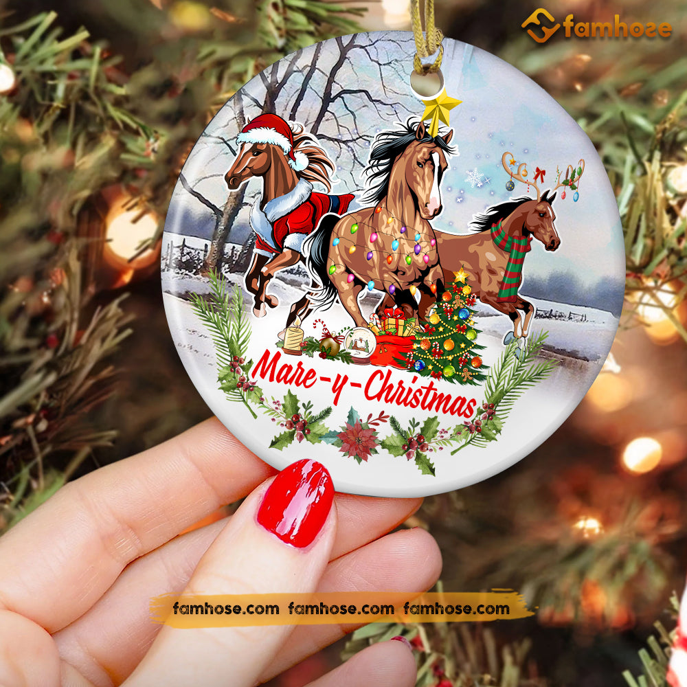 Christmas Horse Ornament, Marey Christmas Santa Hat Reindeer Star Gift For Horse Lovers, Personalized Custom Circle Ceramic Ornament