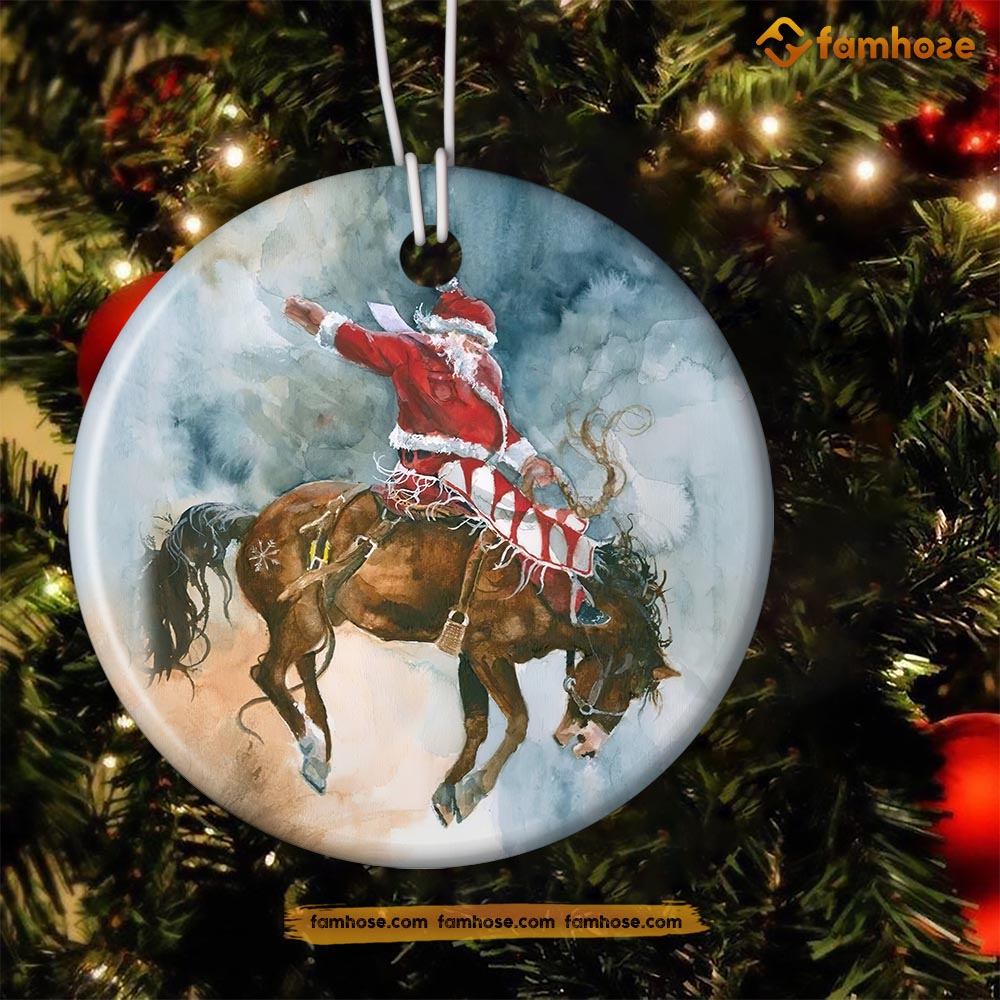 Funny Christmas Bull Riding Ornament, Santa Claus Ride Horse Gift For Horse Lovers, Circle Ceramic Ornament
