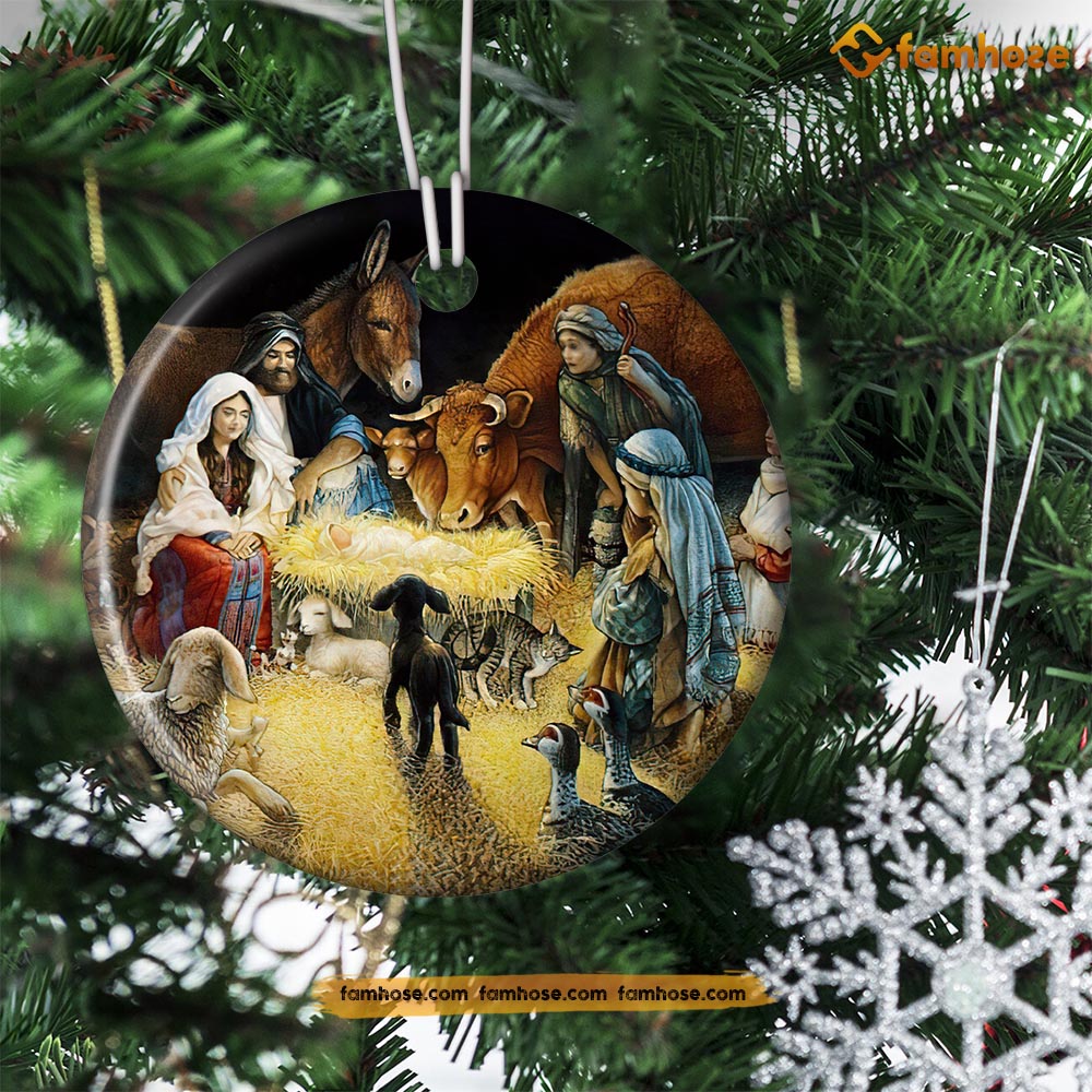 Christmas Farm Ornament, Jesus With Horse Cow Dog Donkey Christmas Gift For Farmers, Circle Ceramic Ornament