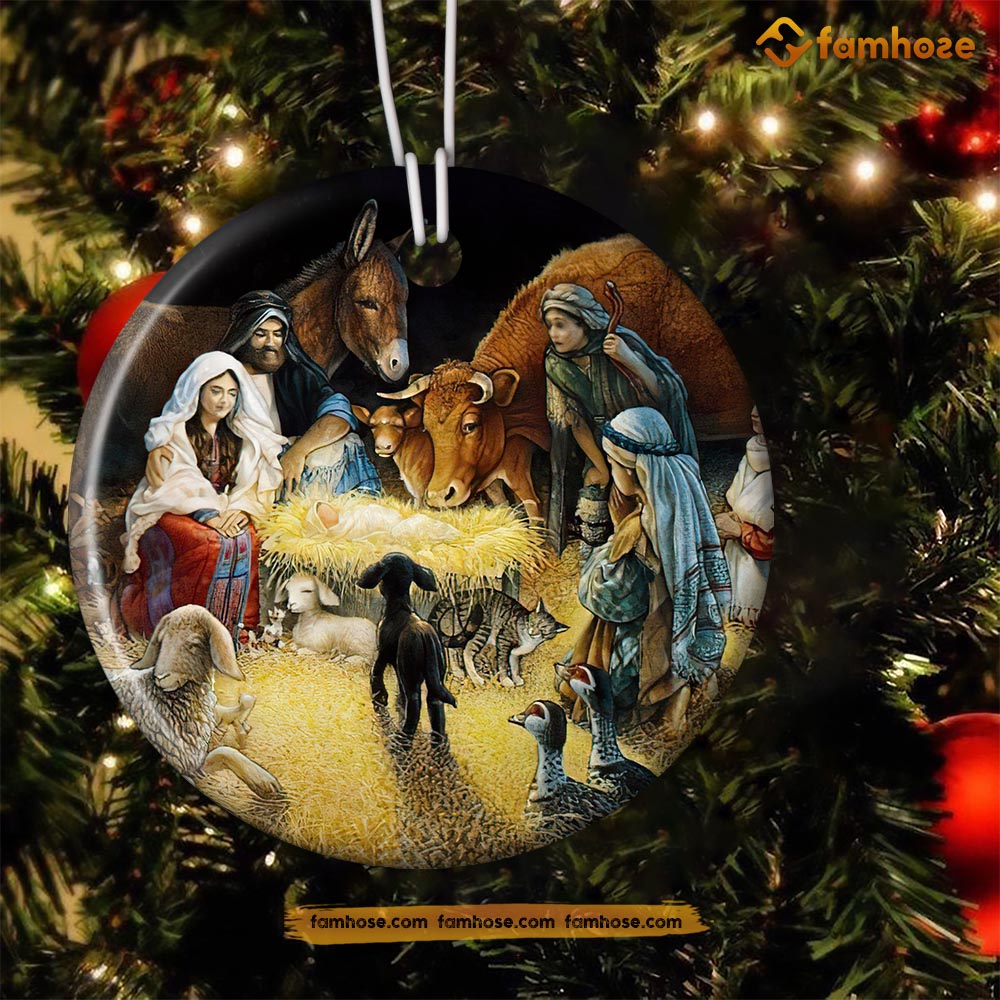 Christmas Farm Ornament, Jesus With Horse Cow Dog Donkey Christmas Gift For Farmers, Circle Ceramic Ornament