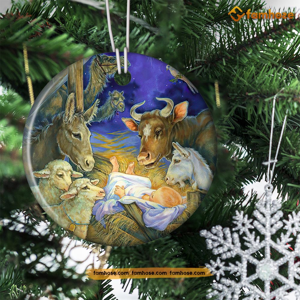 Christmas Farm Ornament, Jesus With Cow Sheep Donkey Christmas Gift For Cow Farmers, Circle Ceramic Ornament