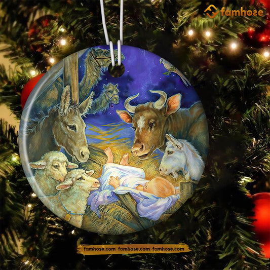 Christmas Farm Ornament, Jesus With Cow Sheep Donkey Christmas Gift For Cow Farmers, Circle Ceramic Ornament