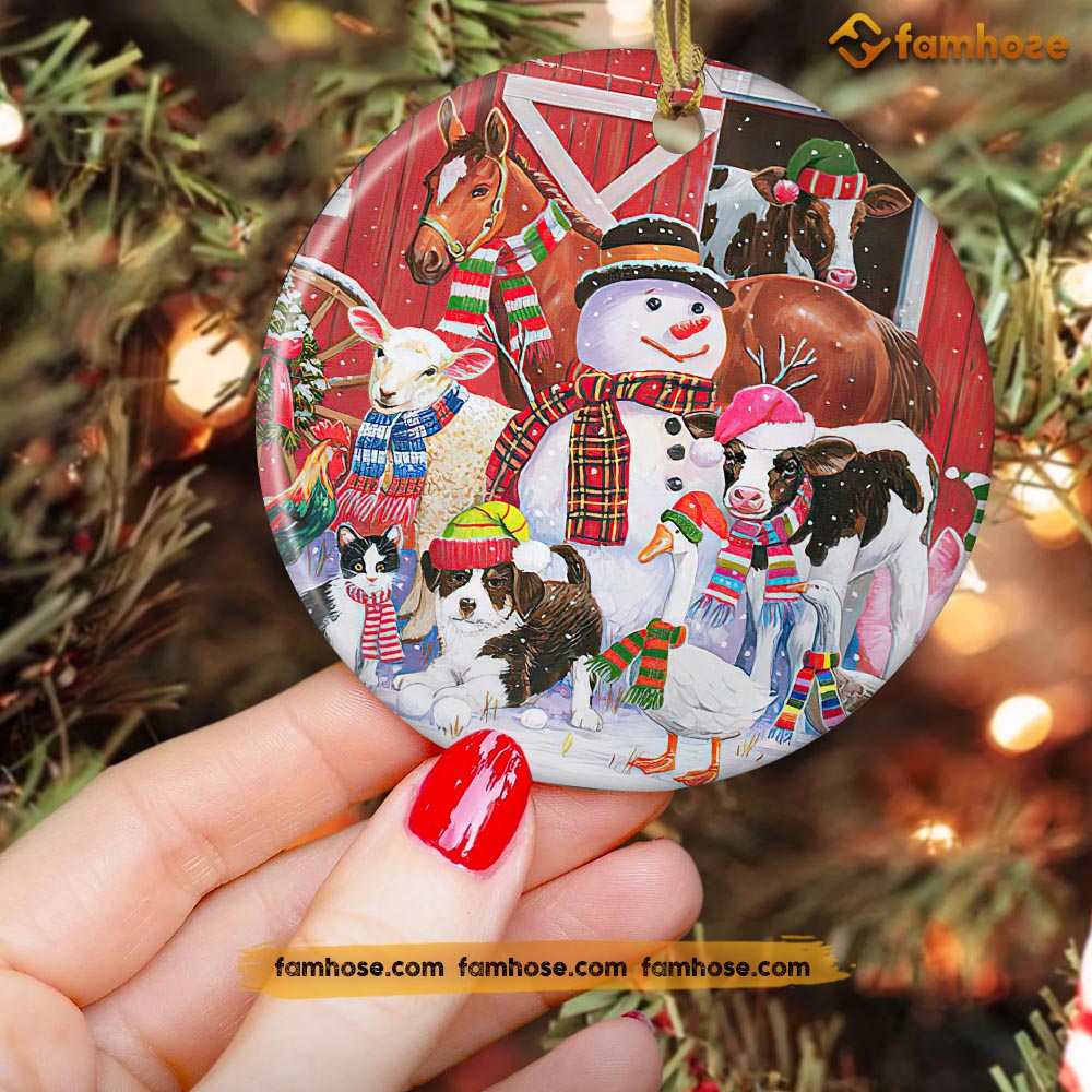 Christmas Farm Ornament, Cow Horse Donkey Dog Sheep And Snowflake Christmas Gift For Farmers, Circle Ceramic Ornament