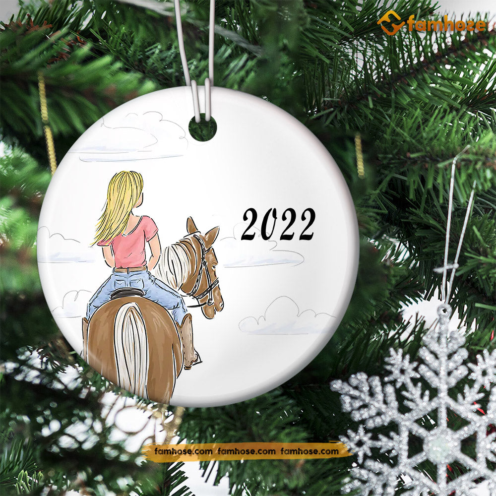 Christmas Horse Riding Ornament, Riding Horse With Me Gift For Horse Riding Lovers, Personalized Custom Circle Ceramic Ornament