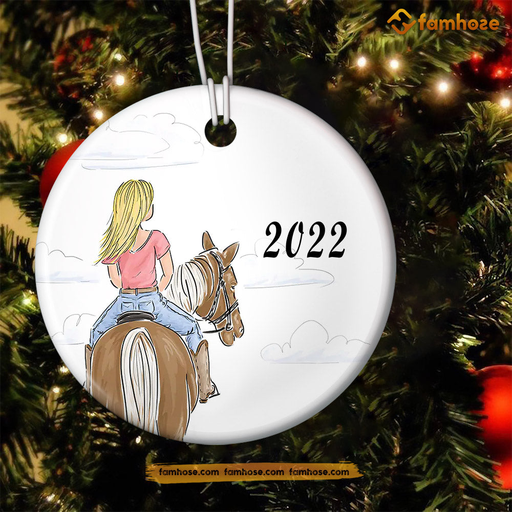 Christmas Horse Riding Ornament, Riding Horse With Me Gift For Horse Riding Lovers, Personalized Custom Circle Ceramic Ornament