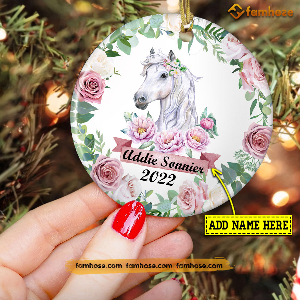 Christmas Horse Ornament, Cute Horse Flower Gift For Horse Lovers, Personalized Custom Circle Ceramic Ornament
