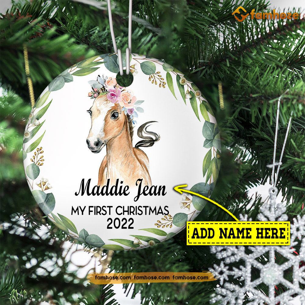 Christmas Horse Ornament, My First Christmas Gift For Horse Lovers, Personalized Custom Circle Ceramic Ornament