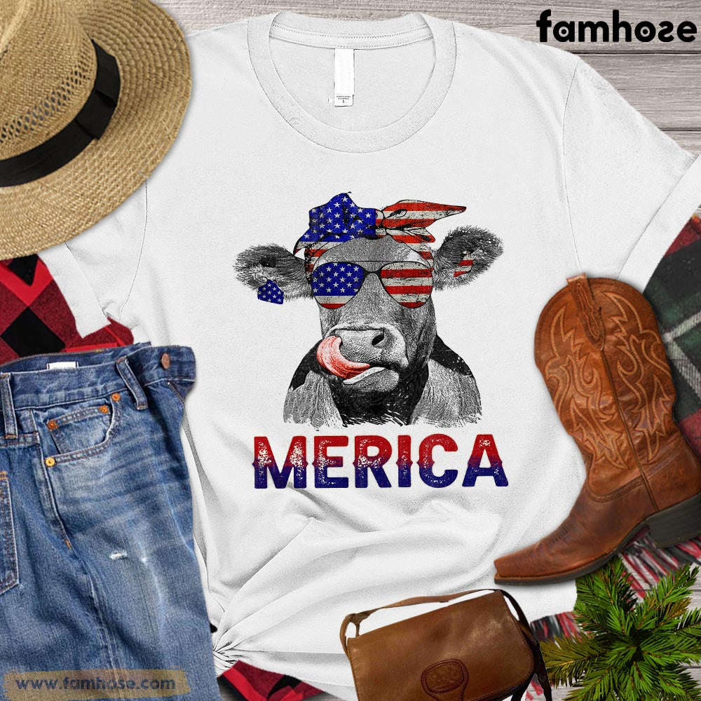 Independence Day Cow T-shirt, Cow Flag America, Farm Cow Shirt, Cow Lover Gift, Farming Lover Gift, Farmer Premium T-shirt