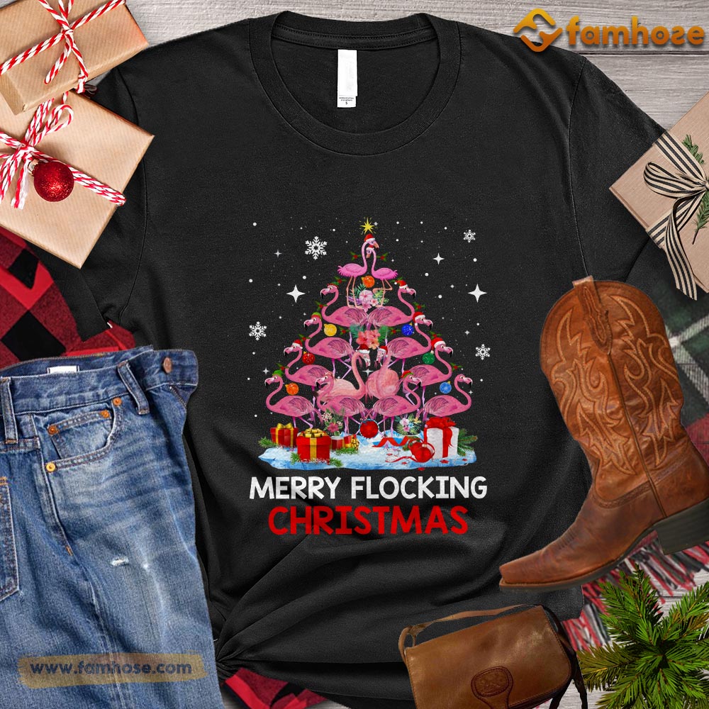 Christmas Flamingo T-shirt, Merry Flocking Christmas Tree Gift For Flamingo Lover, Flamingo Owners, Flamingo Tees