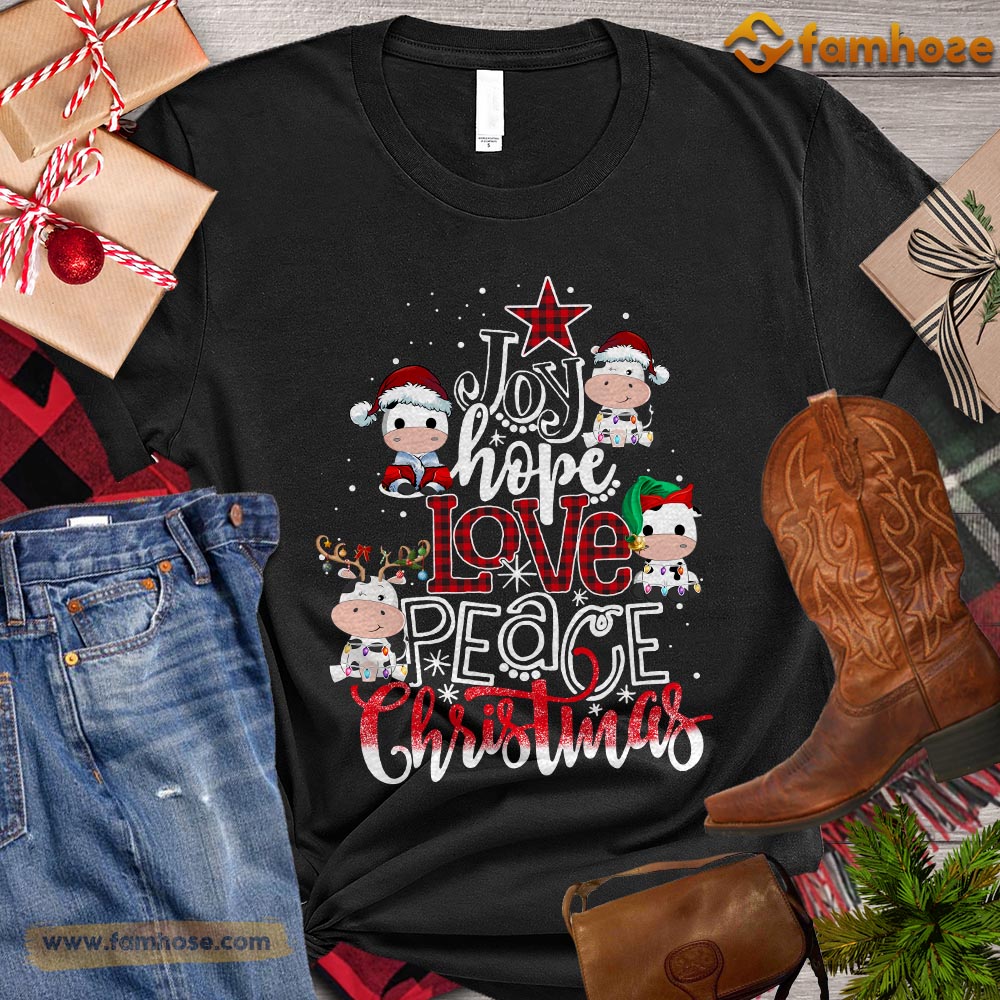 Cute Christmas Cow T-shirt, Joy Hope Love Peace Christmas Cow With Santa Hats Gift For Cow Lovers, Cow Farm, Cow Tees