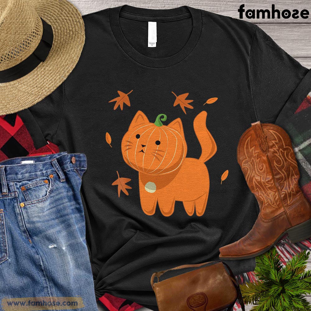 Cute Thanksgiving Cat T-shirt, Pumpkin Cat Autumn Leaves Gift For Cat Lovers, Cat Owners, Cat Tees