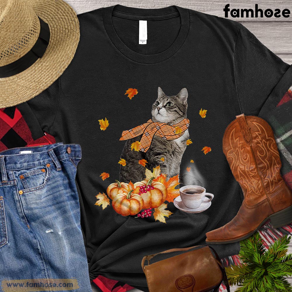 Thanksgiving Cat T-shirt, Cat With Pumpkin Autumn Leaves Coffee Gift For Cat Lovers, Cat Owners, Cat Tees
