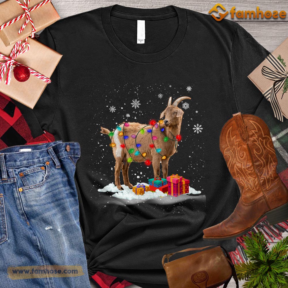 Christmas Goat T-shirt, Cute Goat With String Lights Gift For Goat Lovers, Goat Farm, Goat Tees